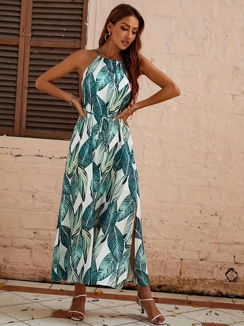 Robe de Plage Femme Tropicale Col Halter Légère 100% Polyester-5