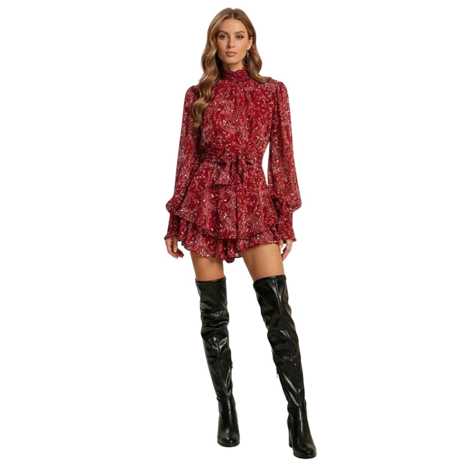 Robe Mini Femme à Col Montant et Volants