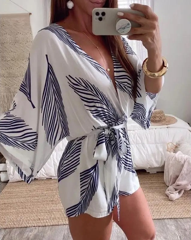 Combinaison Femme Chic Col en V Manches Longues Tissu Léger 1