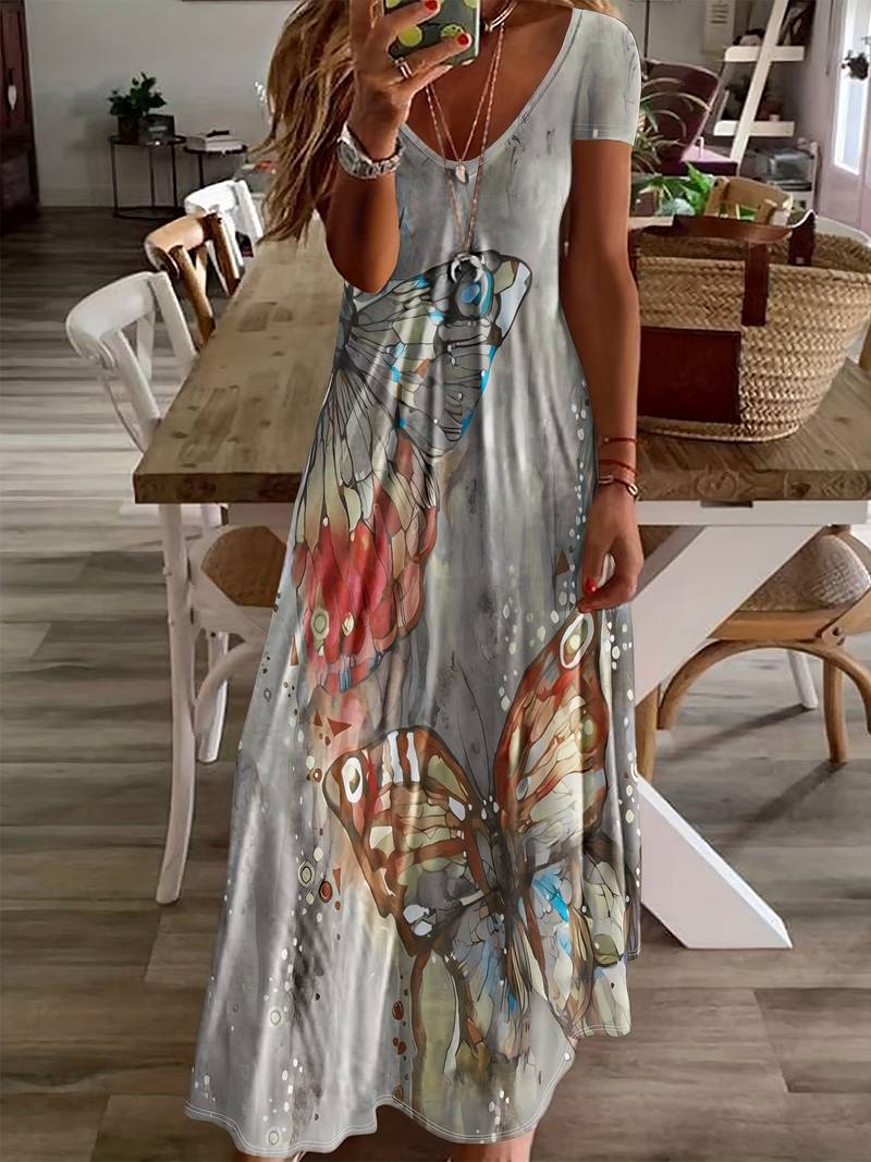 Variant image for Robe Femme Col en V Imprimé Papillon 100% Polyester Printemps Été-31