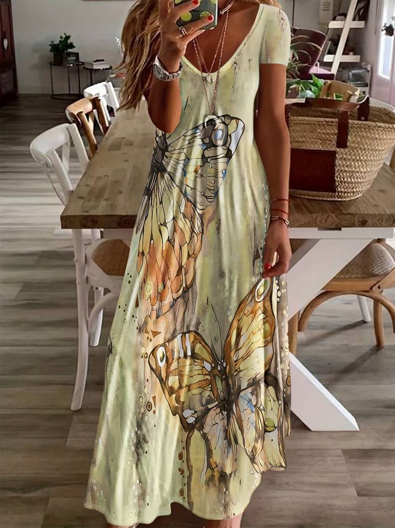Variant image for Robe Femme Col en V Imprimé Papillon 100% Polyester Printemps Été-40