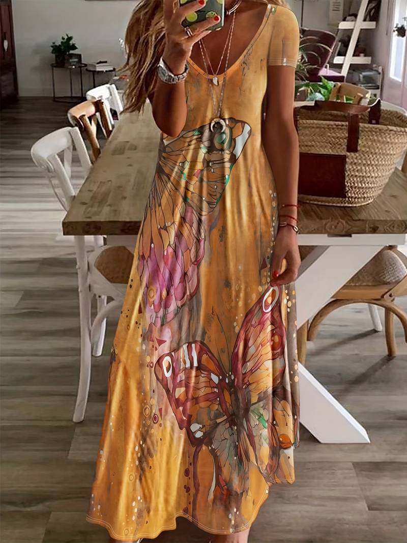 Robe Femme Col en V Imprimé Papillon 100% Polyester Printemps Été-1
