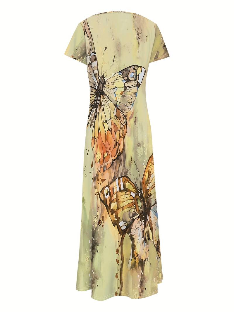 Robe Femme Col en V Imprimé Papillon 100% Polyester Printemps Été-5