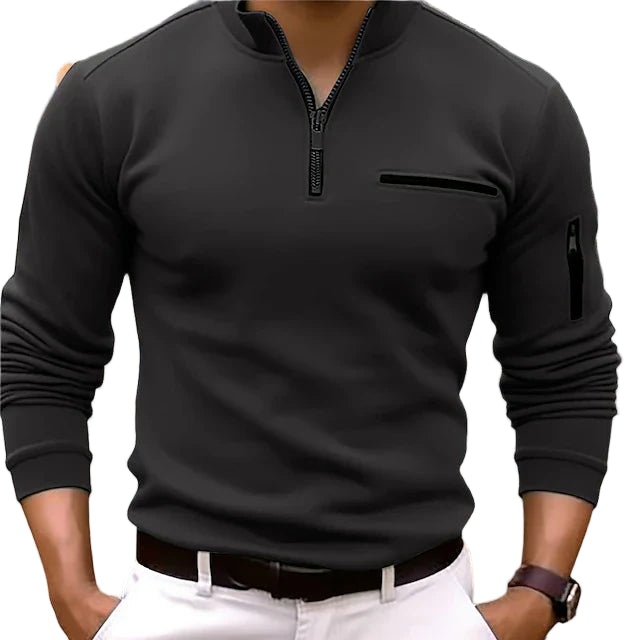Polo Homme Col Montant 100% Coton Style Élégant Manche Longue-1