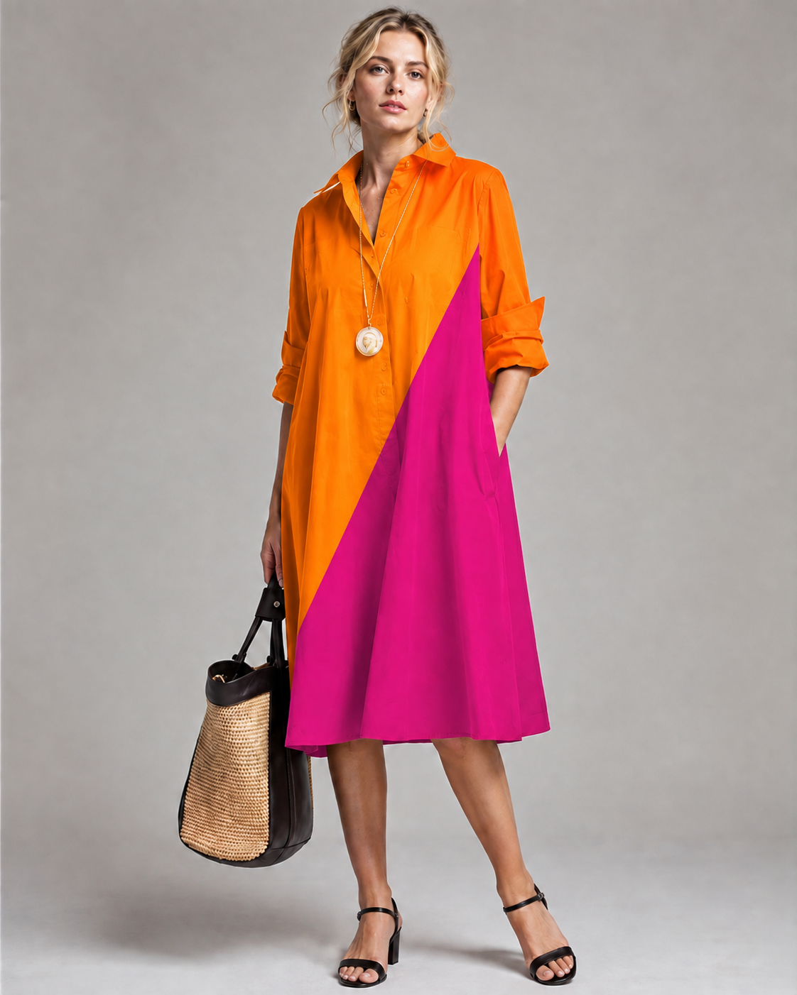 Robe Midi Femme Élégante à Manches Longues en Tissu Aéré