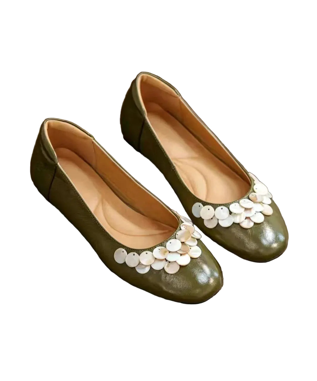 Chaussures plates femme décorées de coquillages verts personnalisables 2