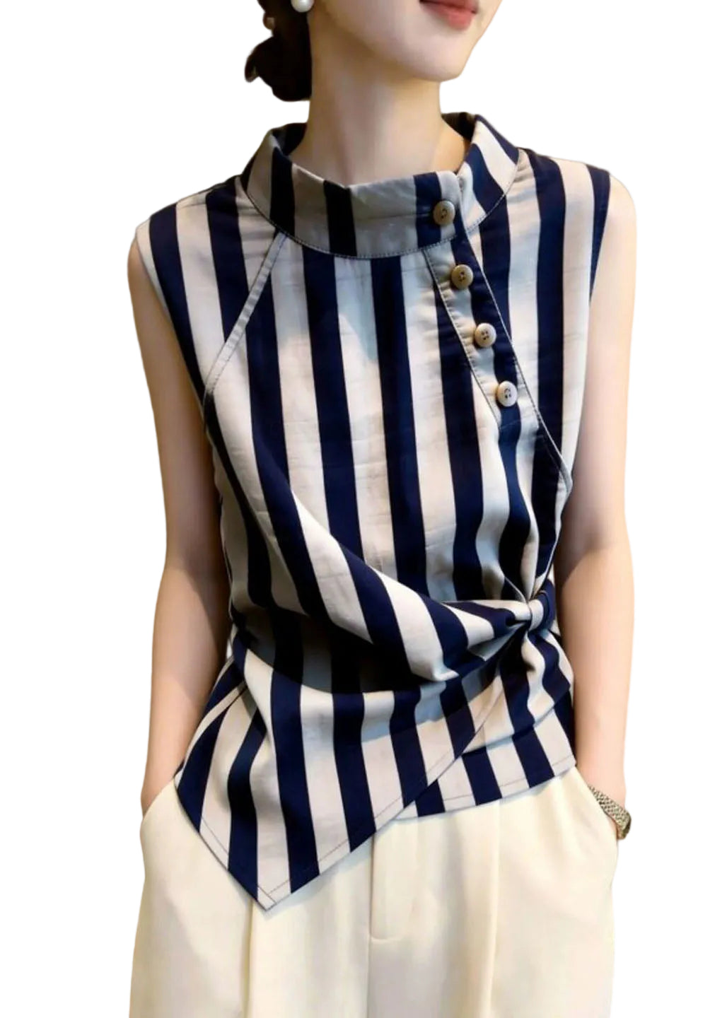 Chemise Femme Col Montant Rayée Style Estival 0