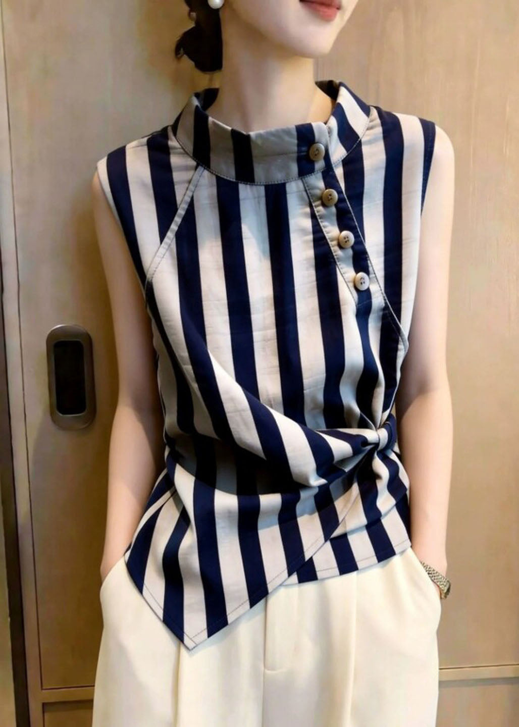 Chemise Femme Col Montant Rayée Style Estival 4