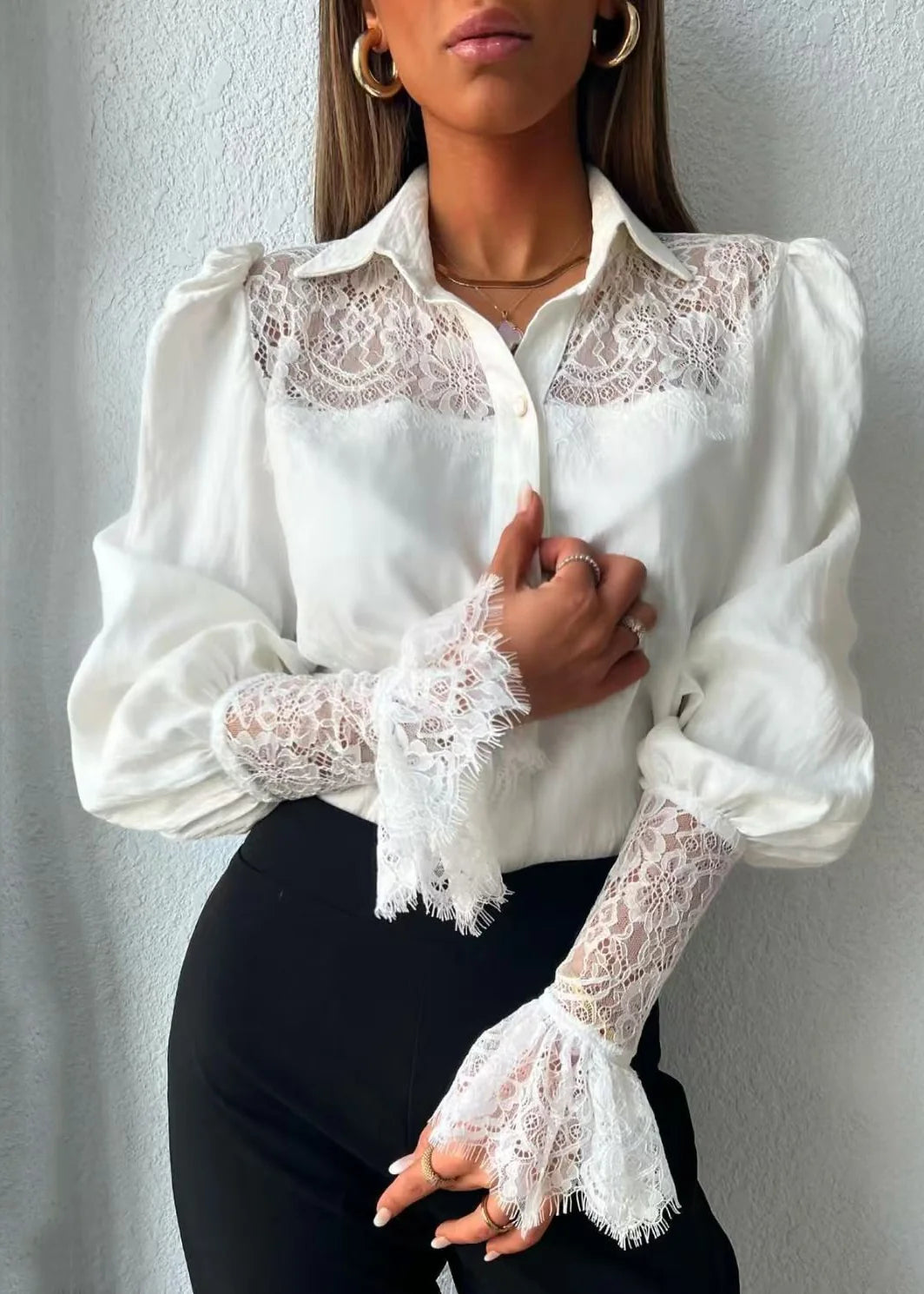 Chemise Femme Col Rabattu avec Empiècements en Dentelle Automne 2