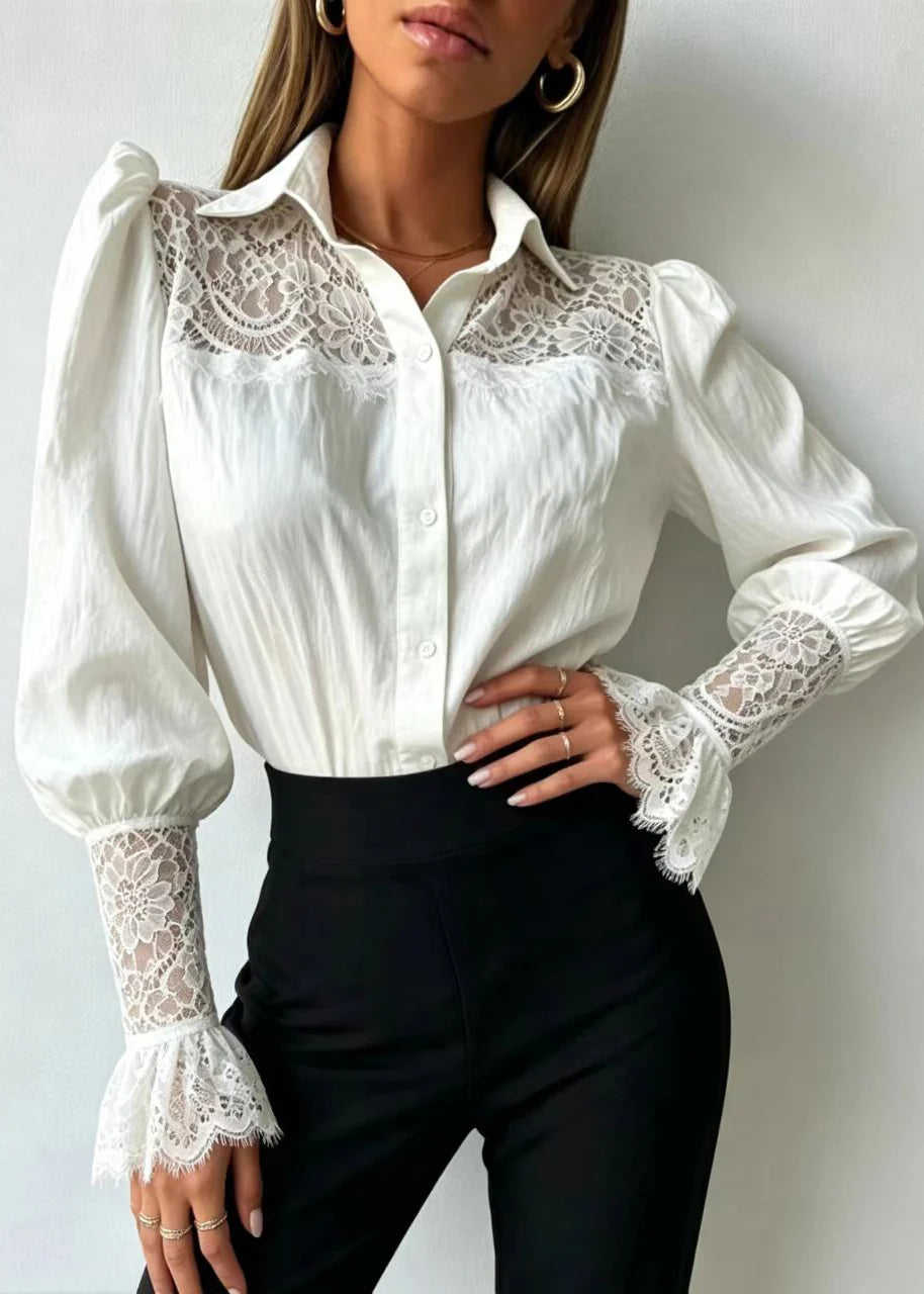 Chemise Femme Col Rabattu avec Empiècements en Dentelle Automne 3