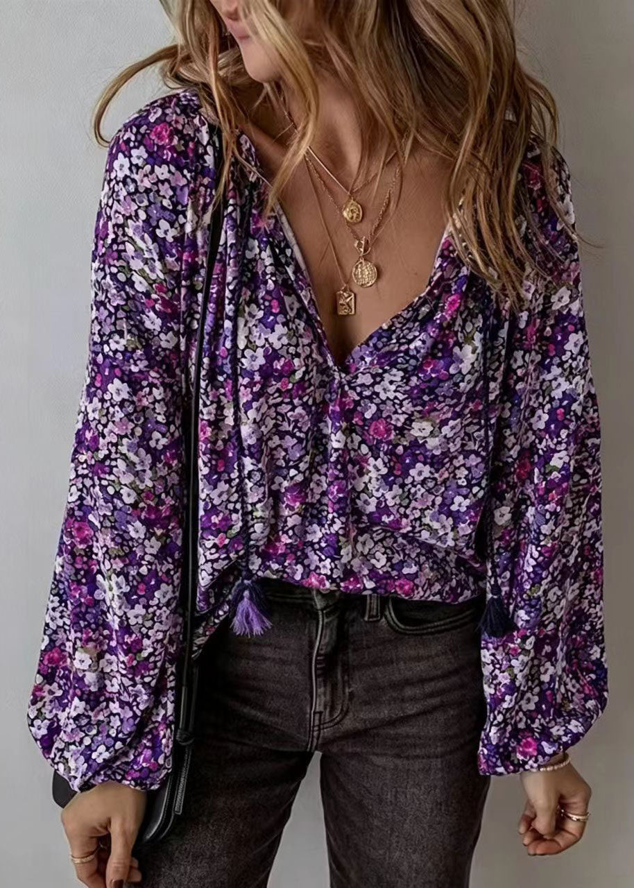Chemise Femme Imprimée Col V Manches Longues 2