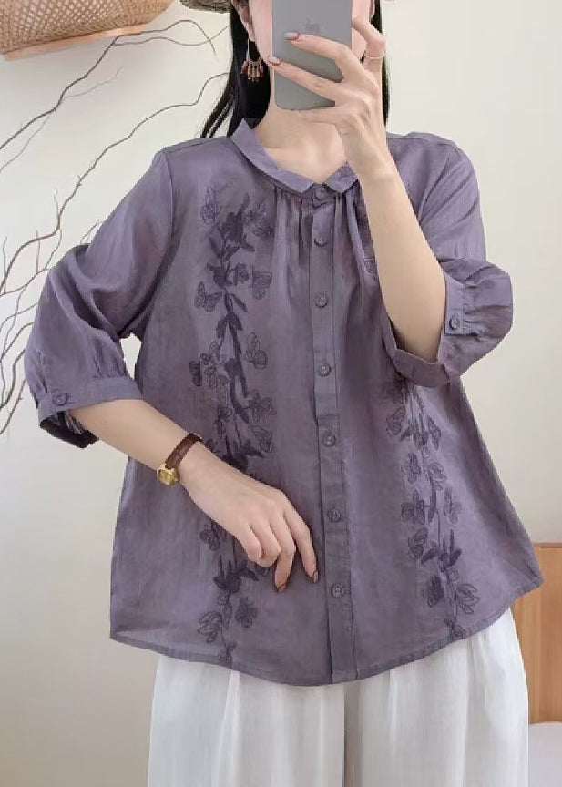 Chemisier Femme Ample Brodé Papillon pour Été 1