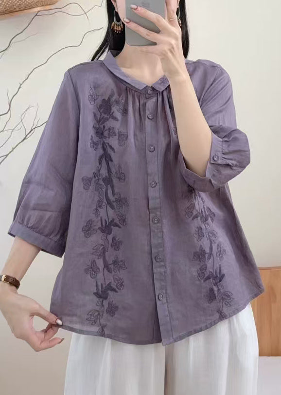 Chemisier Femme Ample Brodé Papillon pour Été 2