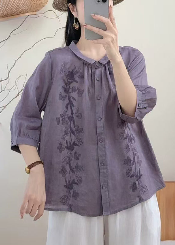 Chemisier Femme Ample Brodé Papillon pour Été 3