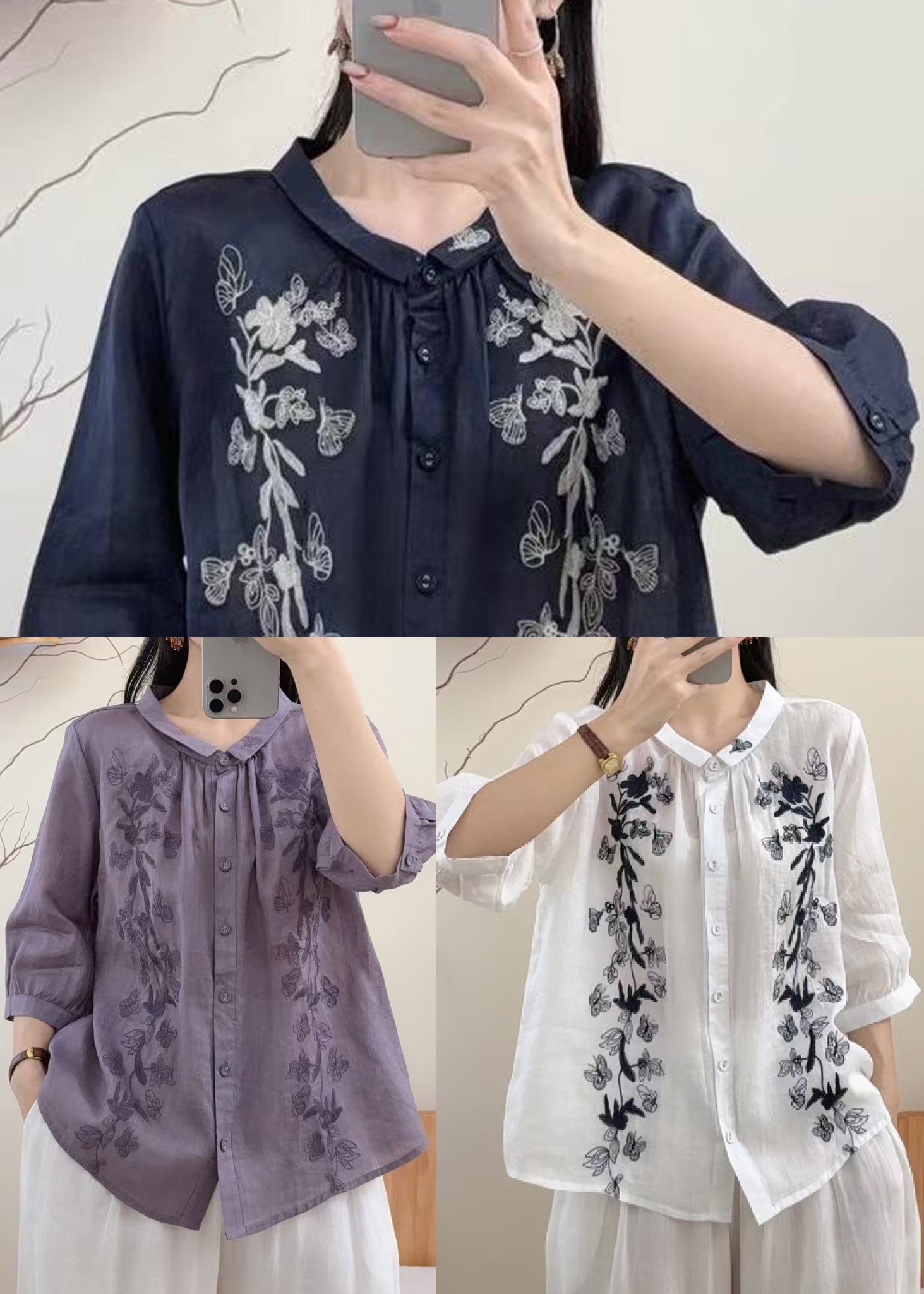 Chemisier Femme Ample Brodé Papillon pour Été 4