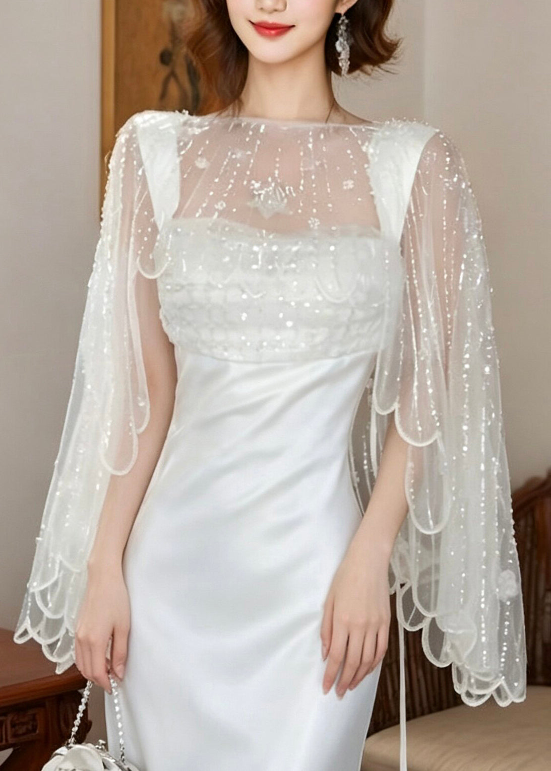 Femme Châle en Tulle avec Perles Style Estival 1