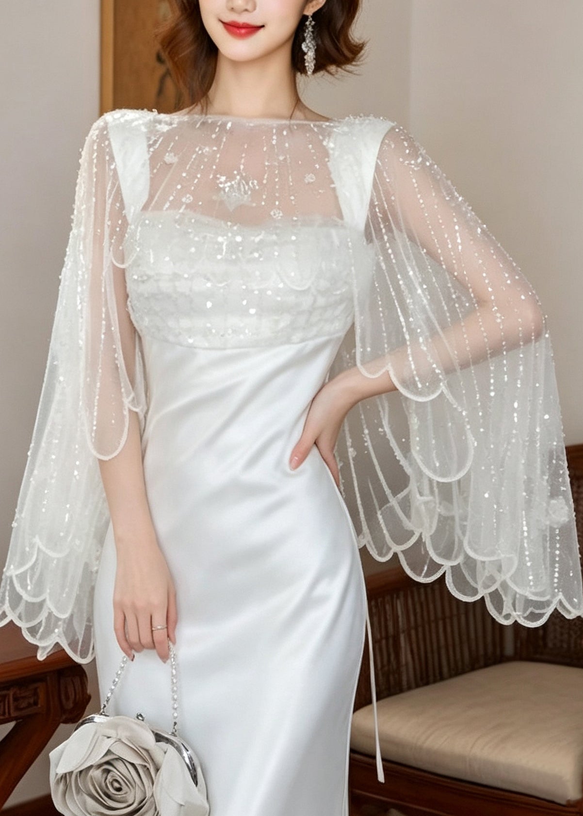 Femme Châle en Tulle avec Perles Style Estival 2