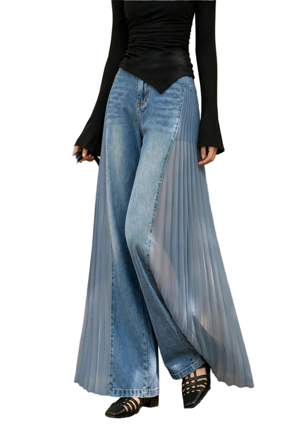 Jean Femme Taille Haute Coupe Large Patchwork Tulle Automne 0