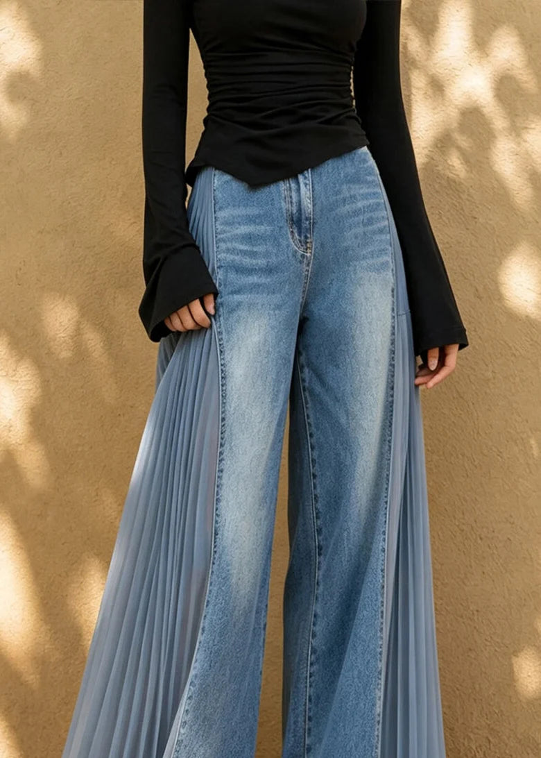 Jean Femme Taille Haute Coupe Large Patchwork Tulle Automne 3