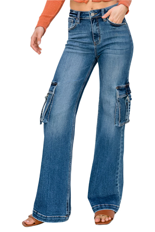 Jeans larges à taille haute avec poches cargo pour femmes en denim 0
