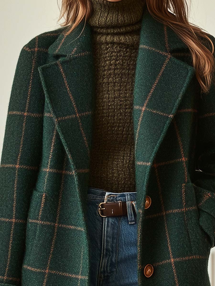 Manteau à carreaux pour femmes avec col à revers 1