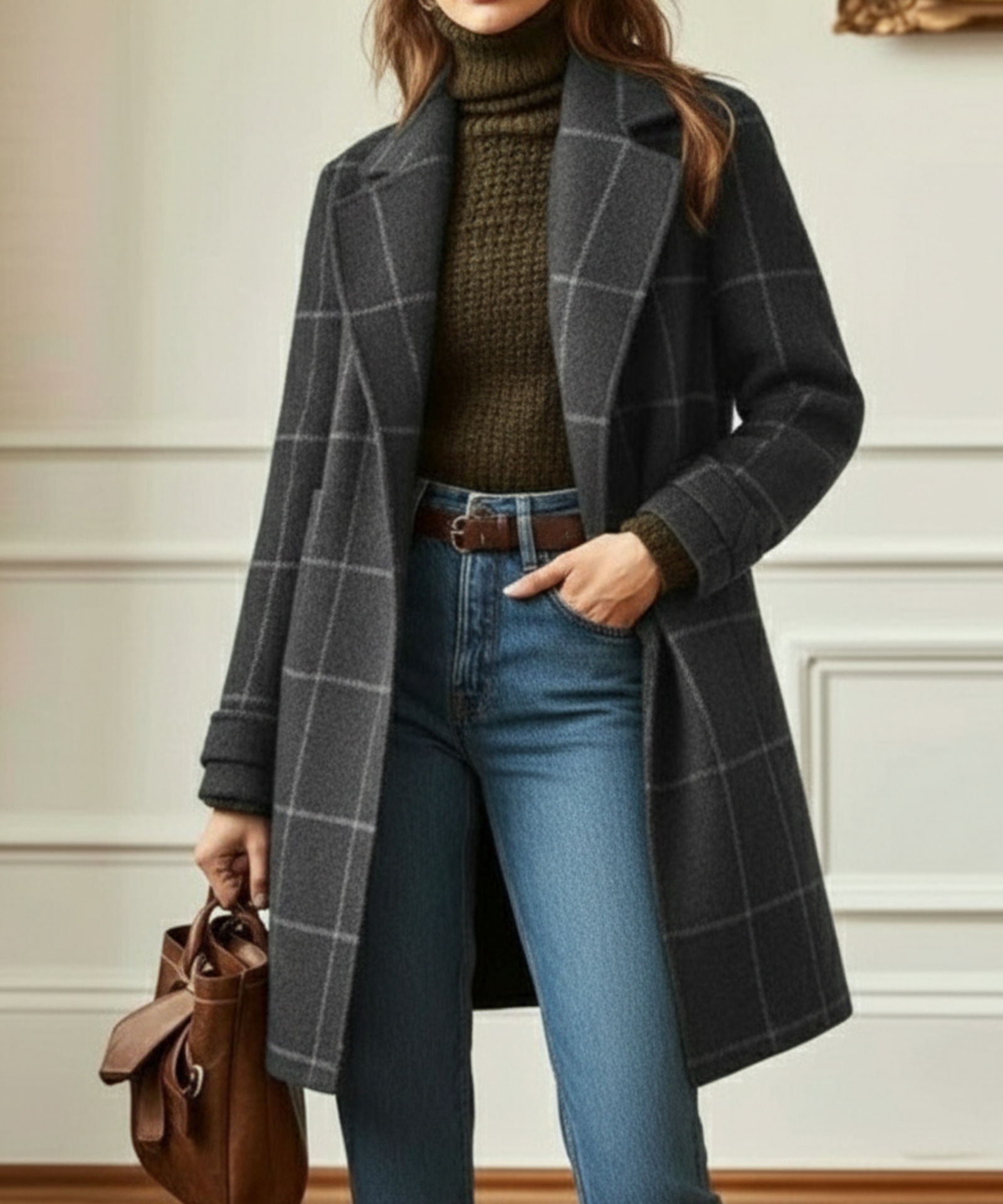 Manteau à carreaux pour femmes avec col à revers 2