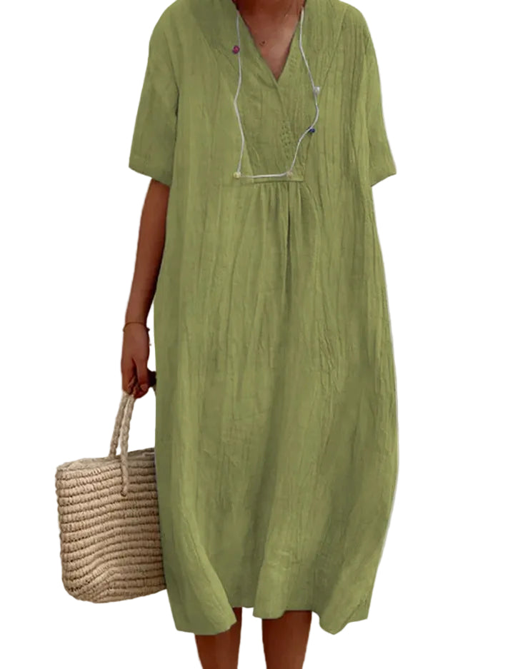 Robe d'Été Femme Beige Chic Décolleté en V Coton Respirant-1