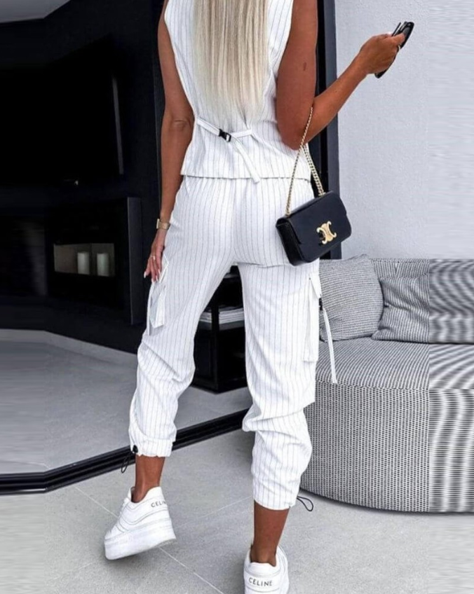 Ensemble Tailleur Femme Rayé Tissu Léger 2 Pièces-3