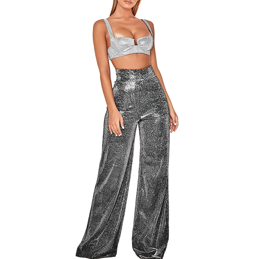 Pantalon Femme Évasé Chic à Paillettes 0