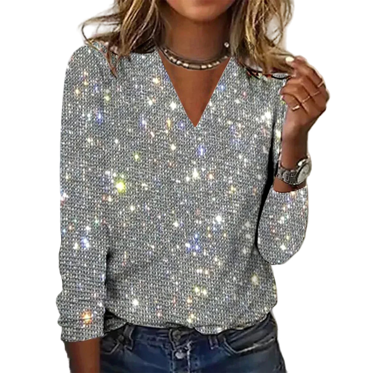 Pull Femme Décolleté en V Paillettes Scintillantes 0