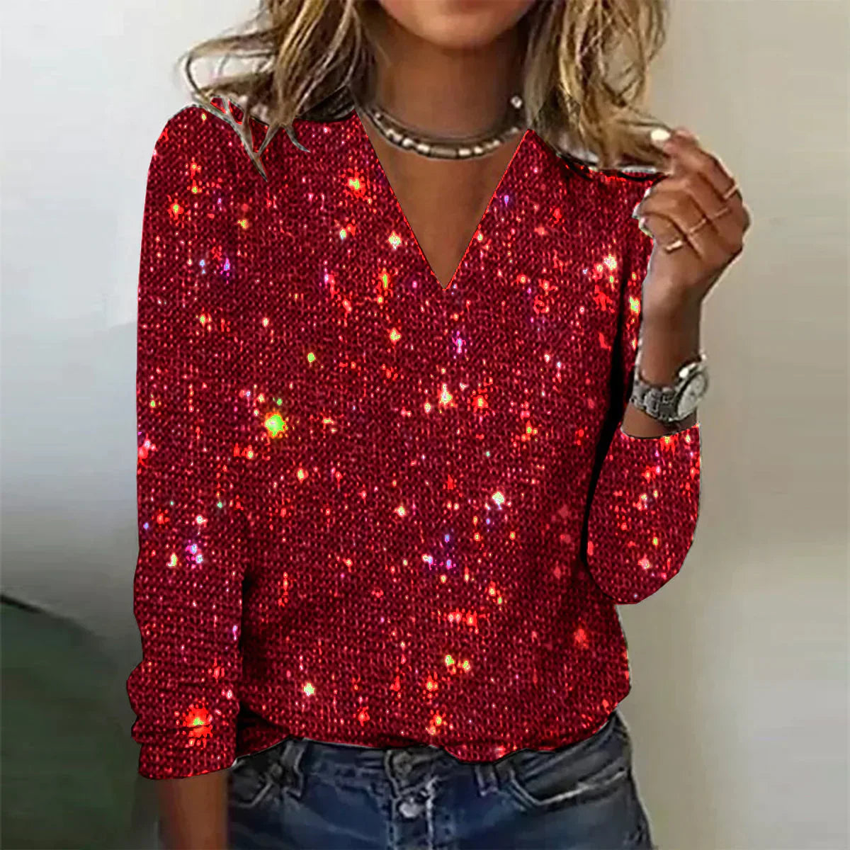Pull Femme Décolleté en V Paillettes Scintillantes 1