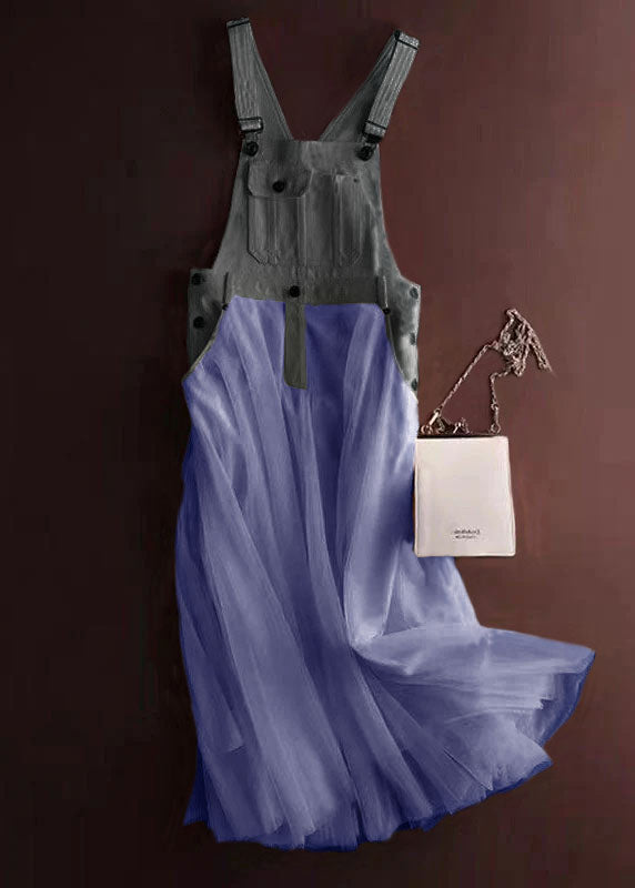Robe D'été à Bretelles en Denim avec Panneaux en Tulle pour Femmes 6