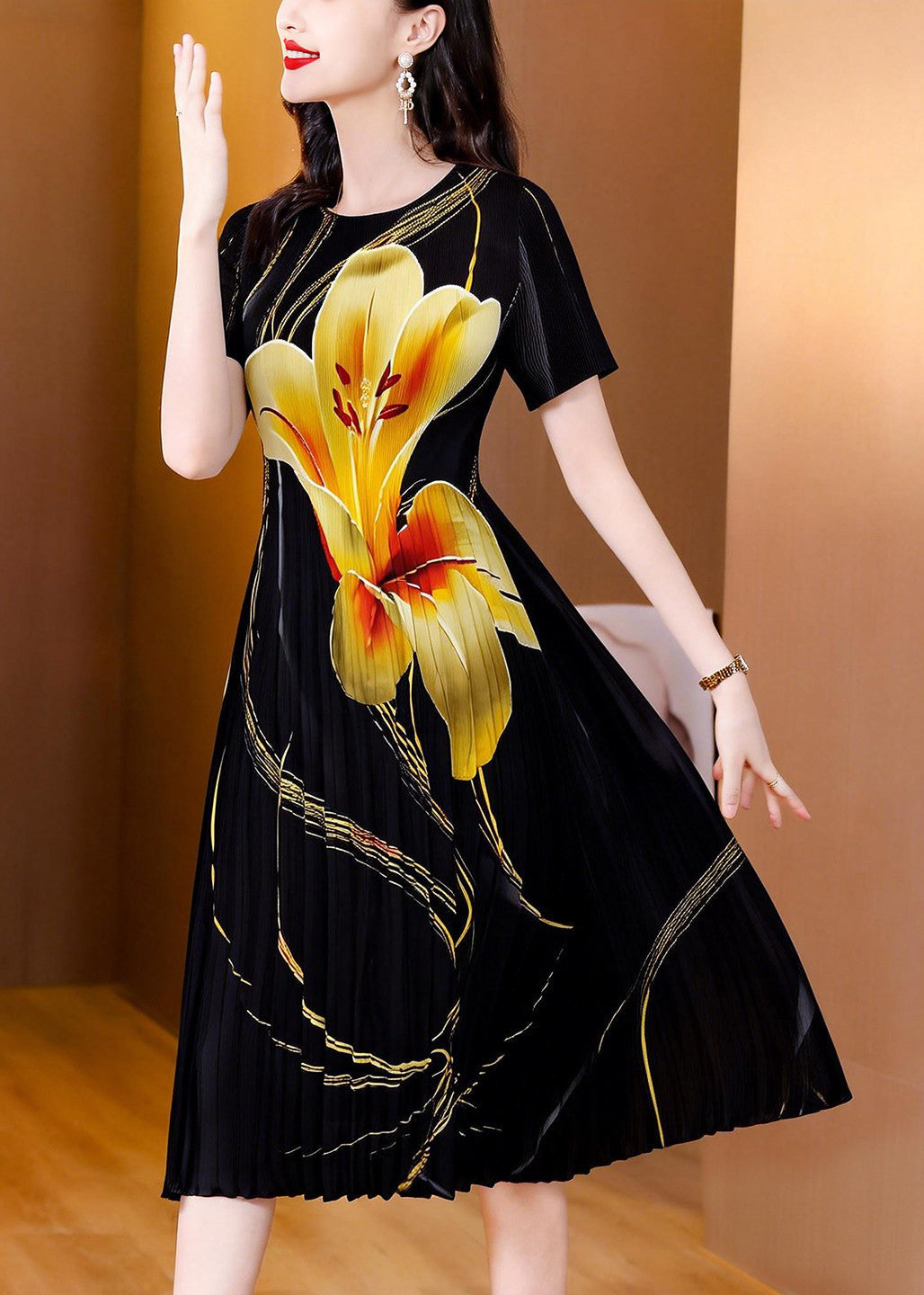 Robe Femme Froissée Imprimée Col Rond Été 0