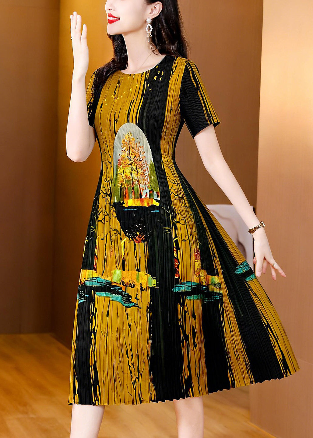 Robe Femme Froissée Imprimée Col Rond Été 1