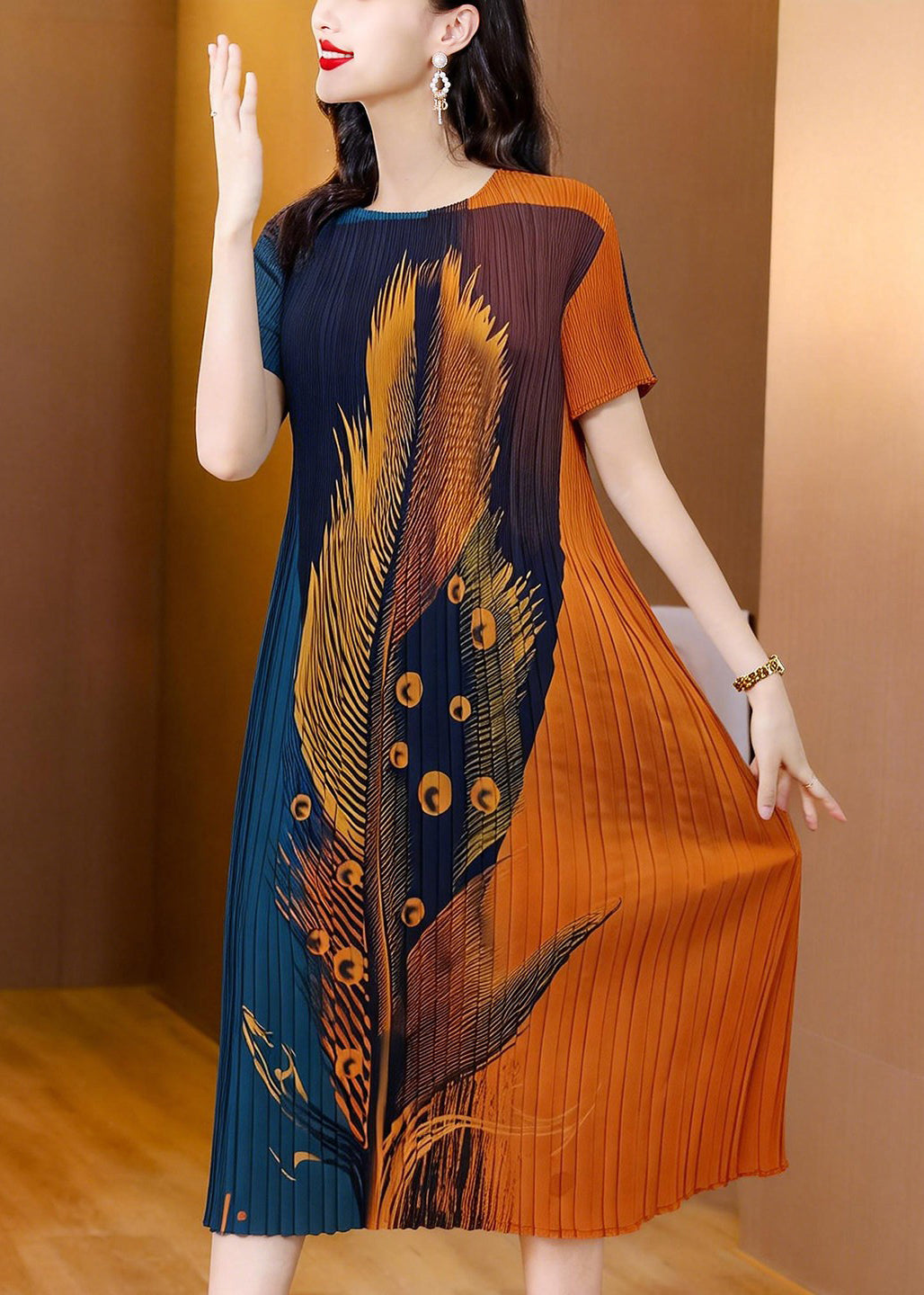 Robe Femme Froissée Imprimée Col Rond Été 2