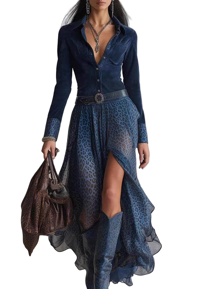 Robe Longue Femme Col Claudine Patchwork avec Manches Longues 0