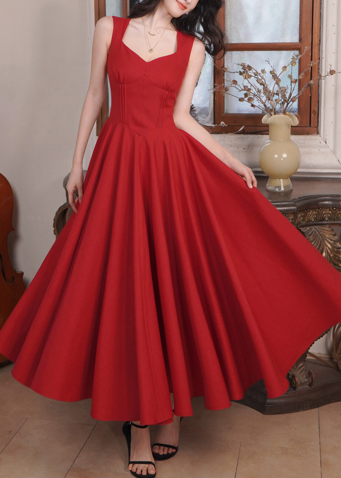 Robe Longue Tunique Rouge à Bretelles Spaghetti 1