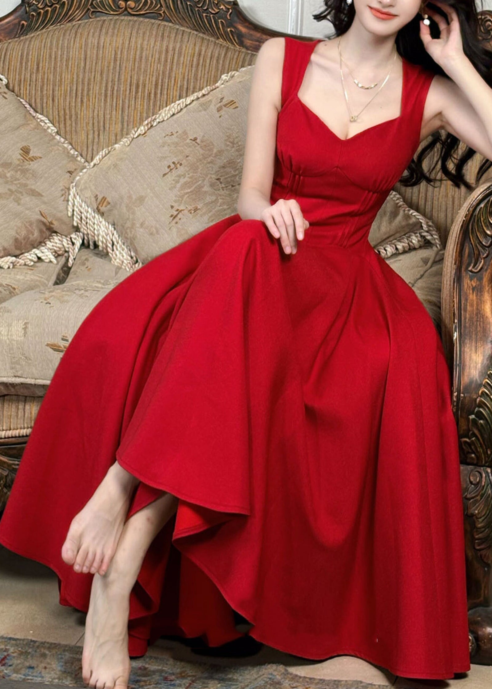 Robe Longue Tunique Rouge à Bretelles Spaghetti 2