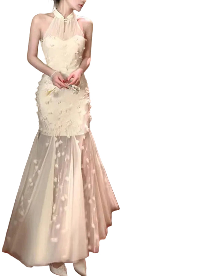 Robe Maxi Col Montant Abricot Style Chinois 1