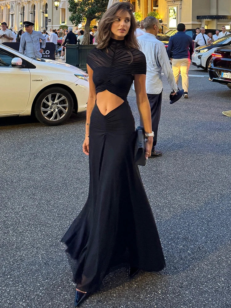 Robe Maxi Femme Évasée à Manches Courtes 0