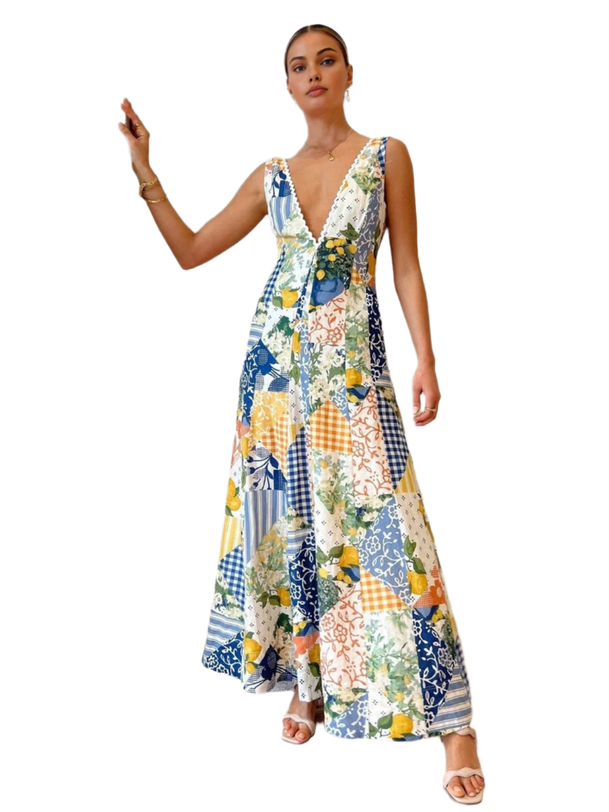 Robe Maxi Femme V-Neck Patchwork Coton 0