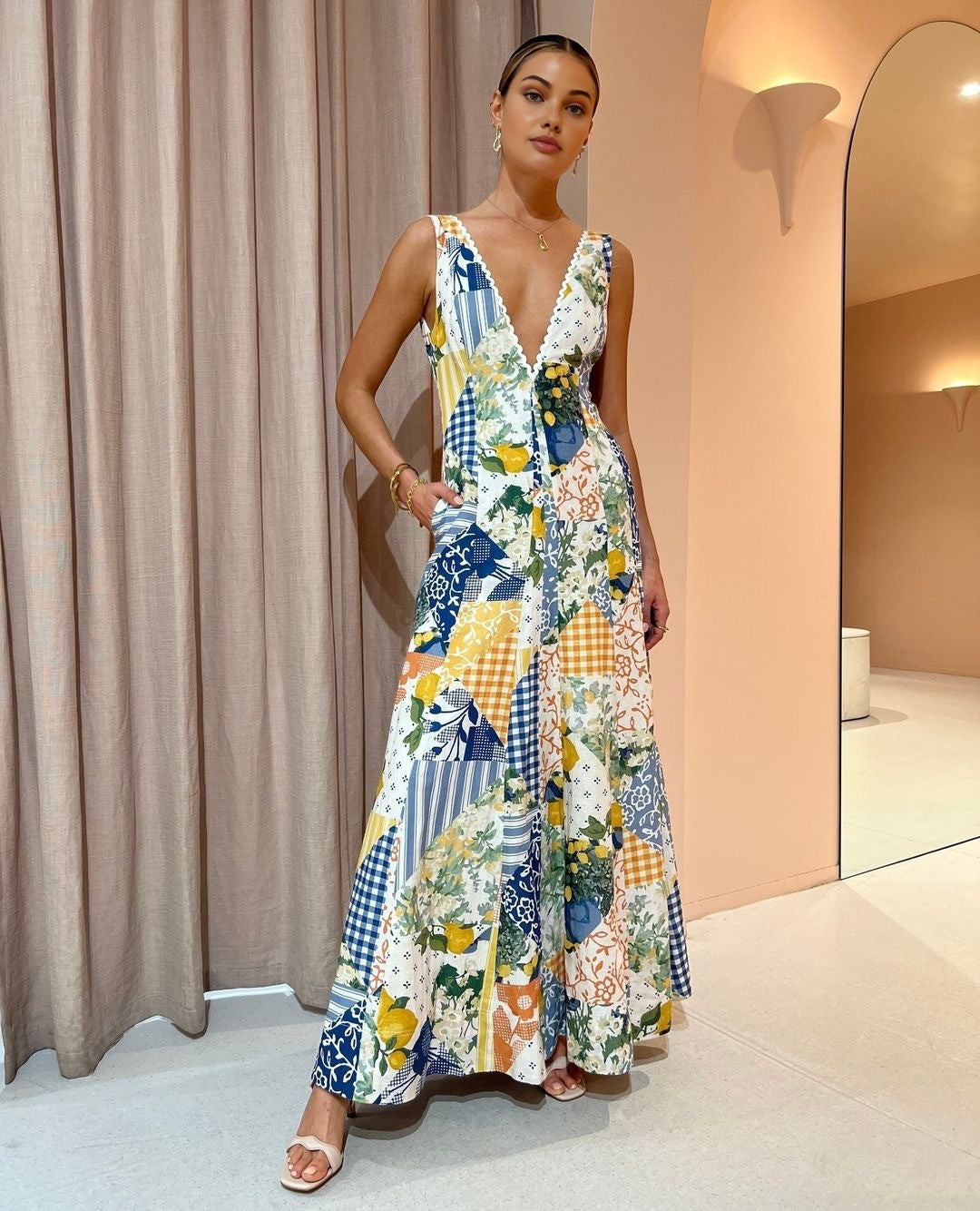 Robe Maxi Femme V-Neck Patchwork Coton 2
