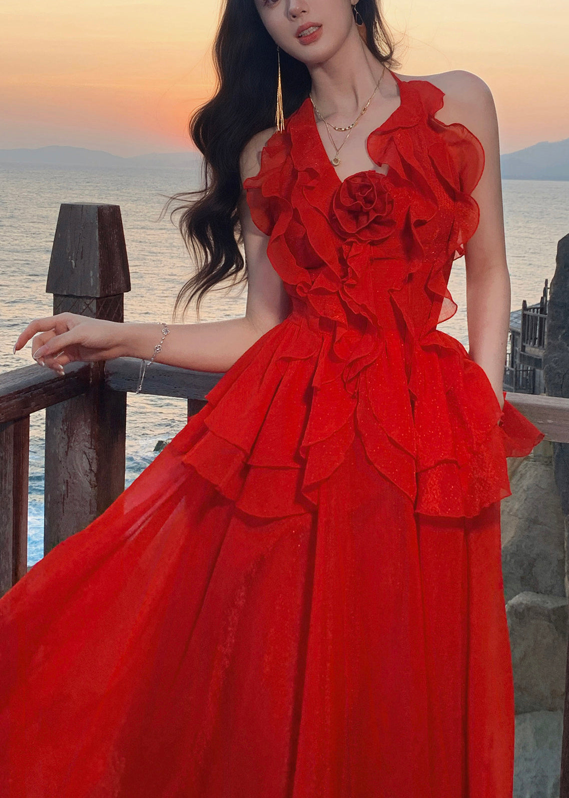 Robe Maxi Rouge à Volants pour Femmes 0