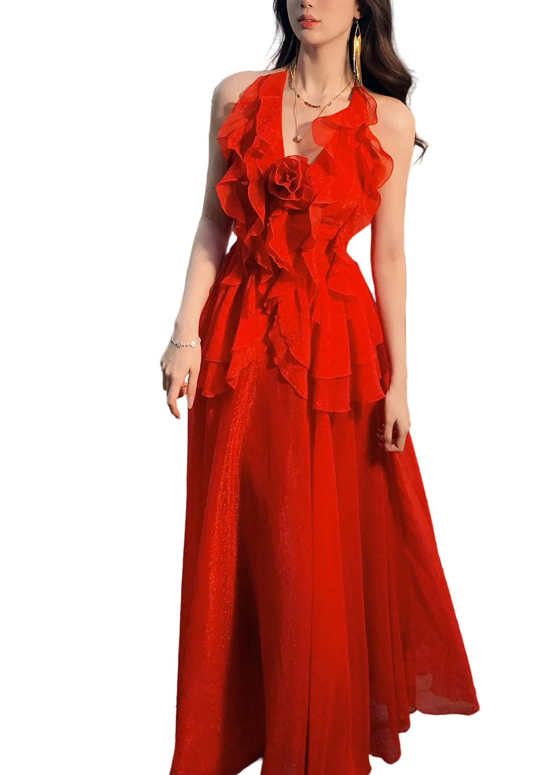 Robe Maxi Rouge à Volants pour Femmes 1