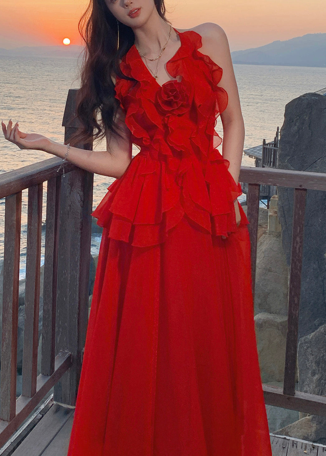 Robe Maxi Rouge à Volants pour Femmes 2