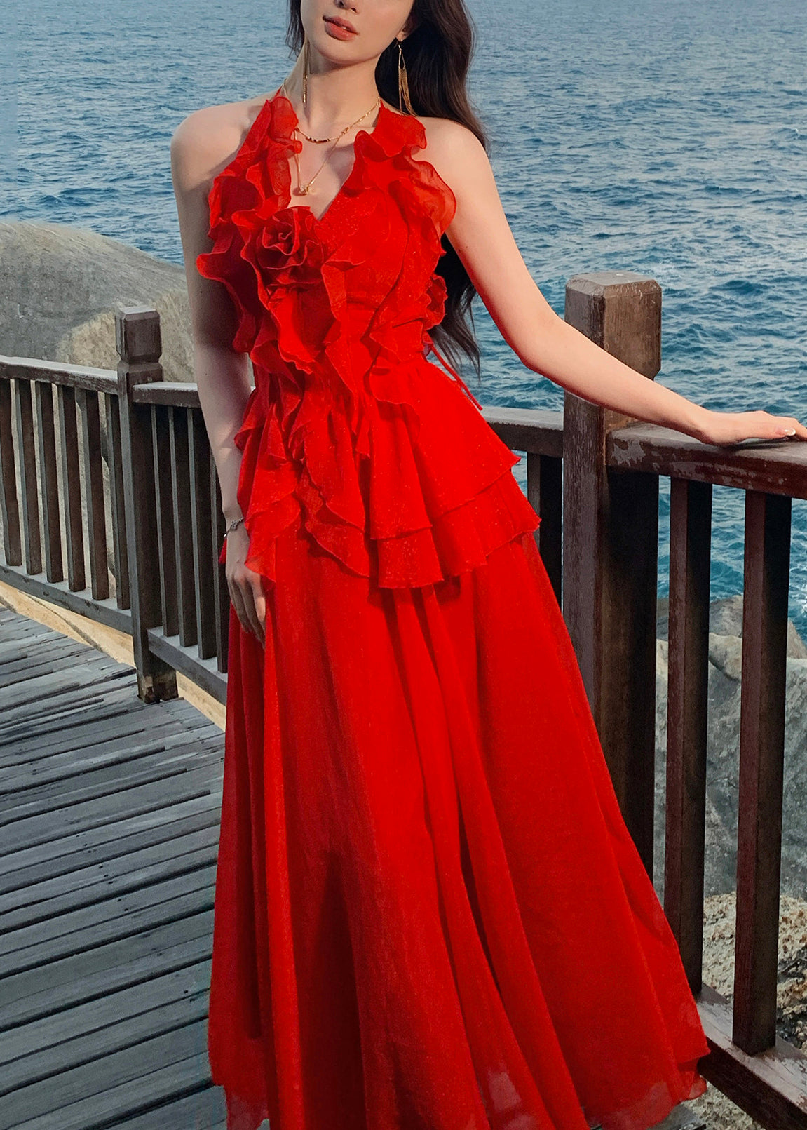 Robe Maxi Rouge à Volants pour Femmes 3