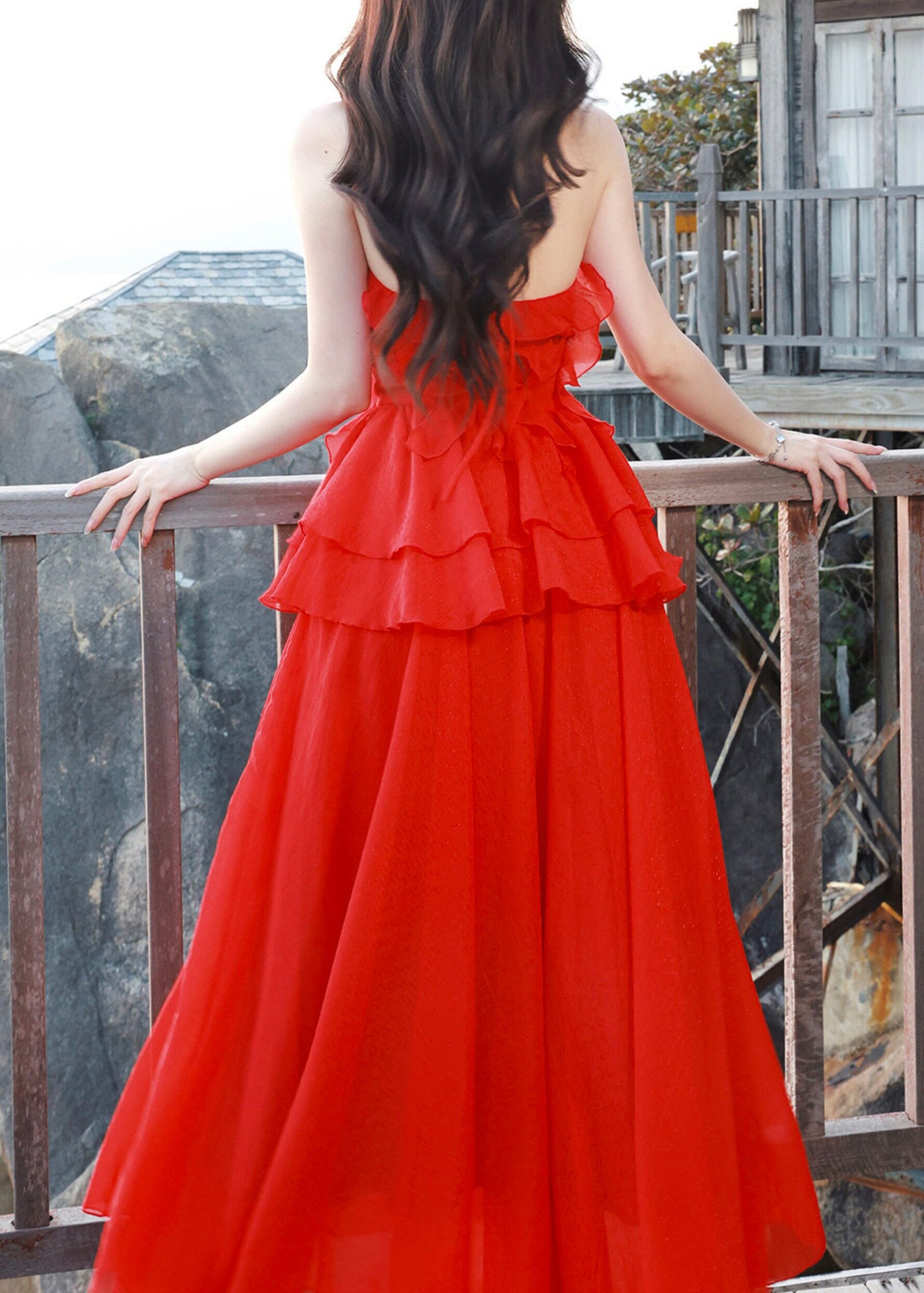 Robe Maxi Rouge à Volants pour Femmes 4