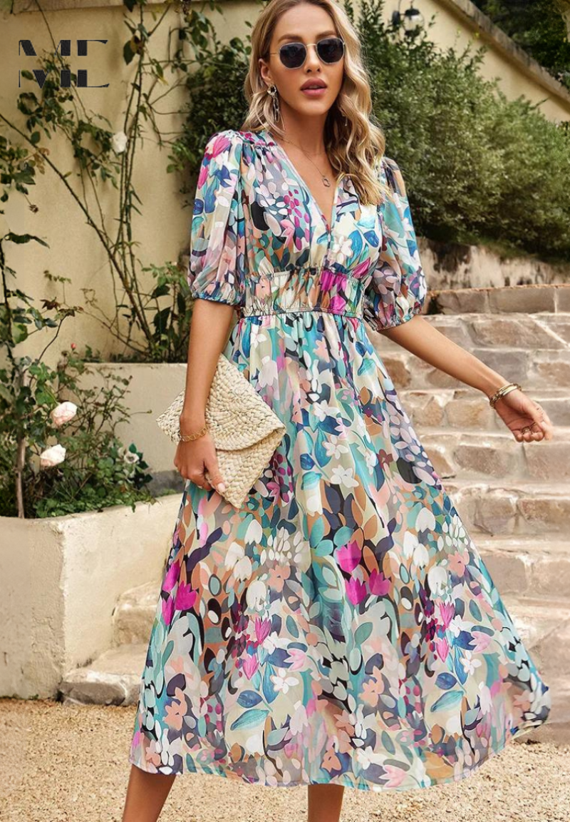 Robe Midi Ceinturée Imprimée Abstraite pour Femme 4