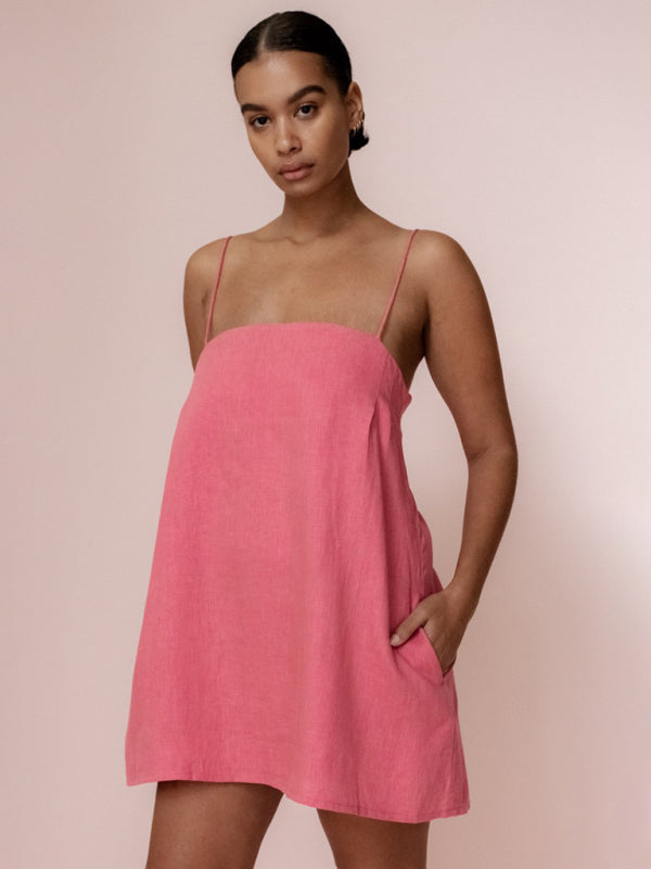 Robe Mini Décontractée à Bretelles Spaghetti en Coton et Lin pour Femmes 2