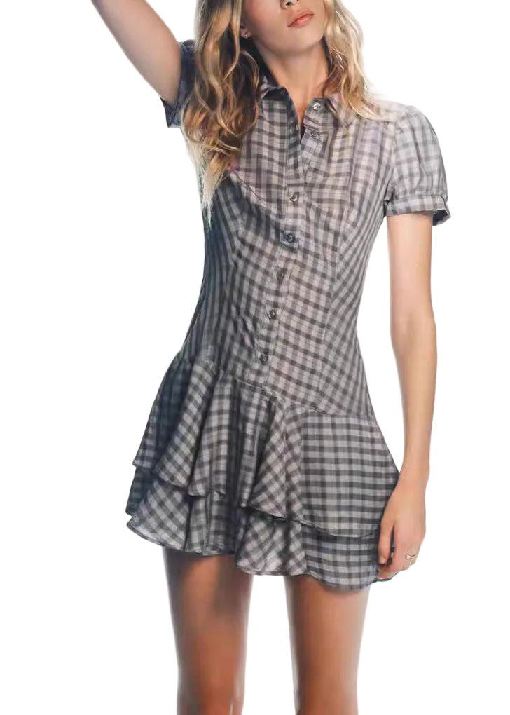 Robe courte à carreaux avec col Peter Pan pour femme 0